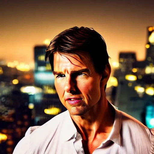 Image similar to a still of Tom Cruise. Shallow depth of field. City at night in background, lights, colors ,studio lighting, mood, 4K. Profession photography