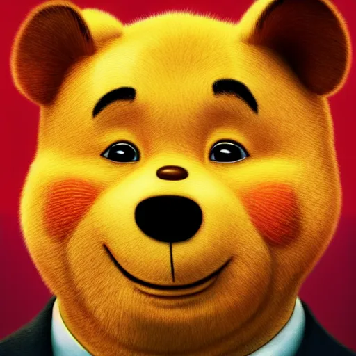 Image similar to film still photo portrait of xi jinping cosplaying as winnie the pooh, winnie the pooh xi jinping, xi jinping, realistic, hyperrealistic, 8 k resolution, hd quality, very detailed, highly detailed, intricate details, real life, real world, trending on artstation, digital art, really realistic, very realistic, headshot, head in frame, photograph, portrait