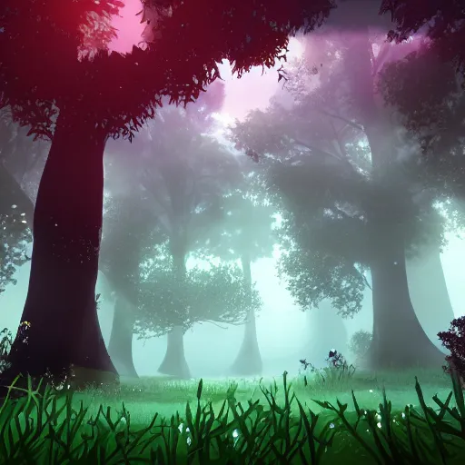Image similar to enchanted magical mysterious forest, parallax layer from a gorgeous indie platform game, on a white background, intricate, highly detailed, volumetric fog, masterpiece