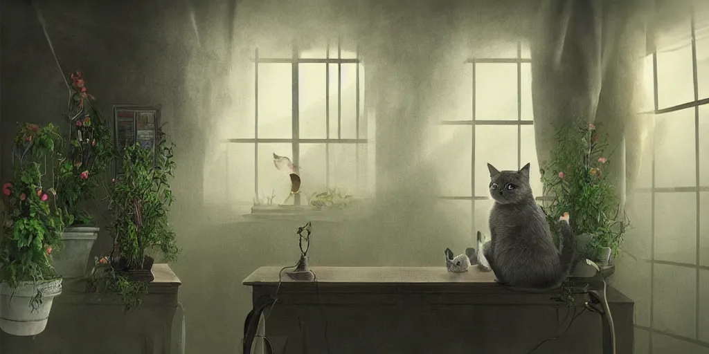 Prompt: a cat on a desk in an office with mirrors potted plants a gloomy and strange atmosphere a bit of mist ornate walls and luminous fish entering through the window by nikolina petolas