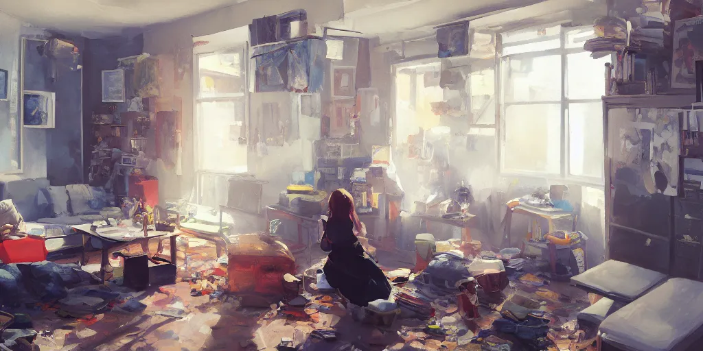 Image similar to A ultradetailed beautiful panting of a messy moders apartment, bright sunny day, Oil painting, by Ilya Kuvshinov, Greg Rutkowski and Makoto Shinkai