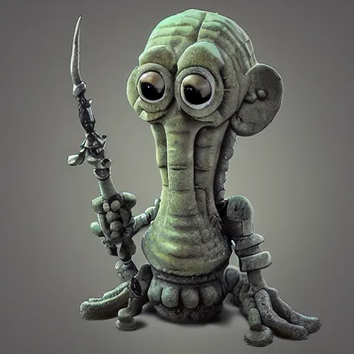 Prompt: squidward as a dark souls boss by Eric Joyner