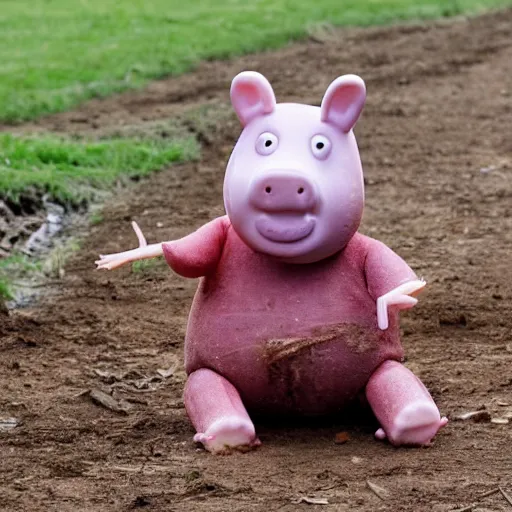 Prompt: peppa pig sitting and crying in a dirty muddy pig sty