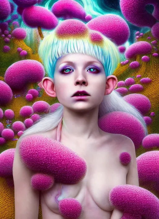 Image similar to hyper detailed 3d render like a Oil painting - kawaii portrait Aurora (white haired Singer Ferret) seen Eating of the Strangling network of yellowcake aerochrome and milky Fruit and Her delicate Hands hold of gossamer polyp blossoms bring iridescent fungal flowers whose spores black the foolish stars by Jacek Yerka, Mariusz Lewandowski, Houdini algorithmic generative render, Abstract brush strokes, Masterpiece, Edward Hopper and James Gilleard, Zdzislaw Beksinski, Mark Ryden, Wolfgang Lettl, hints of Yayoi Kasuma, octane render, 8k