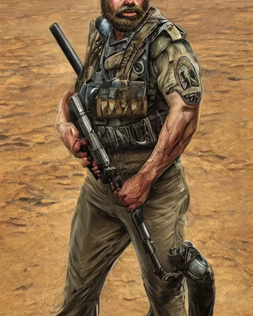 Prompt: portrait of muscular, tired and alcoholic 3 5 - year - old handsome man with short darkblonde hair, serious sad look in his eyes, dirty beard, blue eyes, wearing dirty soldier uniform, on the desert, hyper realistic face, beautiful eyes, character art, art by mark brooks, hyperdetailed, cryengine, trending on artstation, digital art