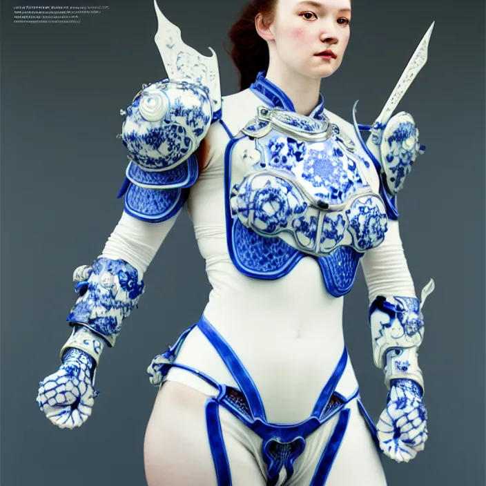 Image similar to porcelain cyborg armor, Chinese Blue and white porcelain 14th century, diffuse lighting, fantasy, intricate, elegant, highly detailed, lifelike, photorealistic, digital painting, artstation, illustration, concept art, smooth, sharp focus, art by John Collier and Albert Aublet and Krenz Cushart and Artem Demura and Alphonse Mucha