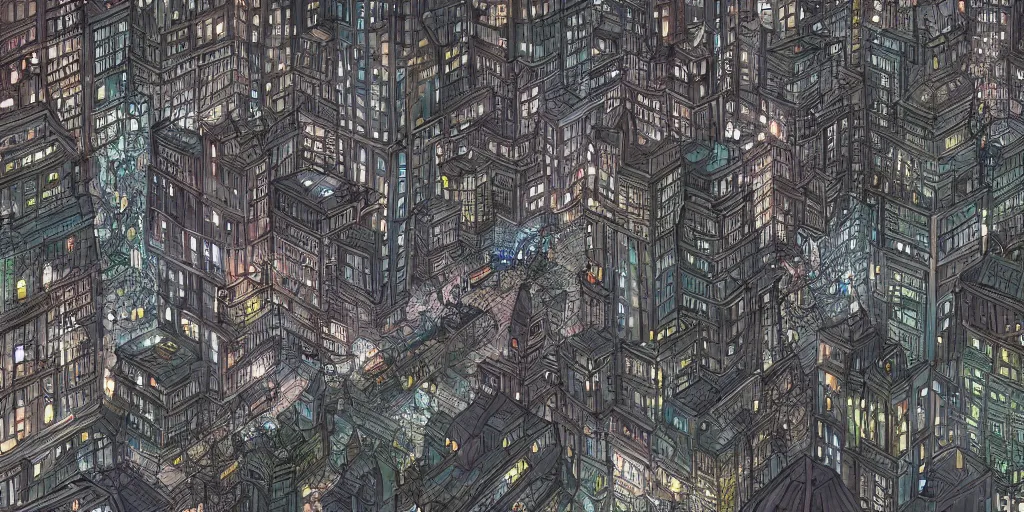 Prompt: the city that never sleeps, lights, mythology, fairy tale, urban landscape, evening, highly detailed, low angle view, studio ghibli, artstation, in the style of aetherpunk