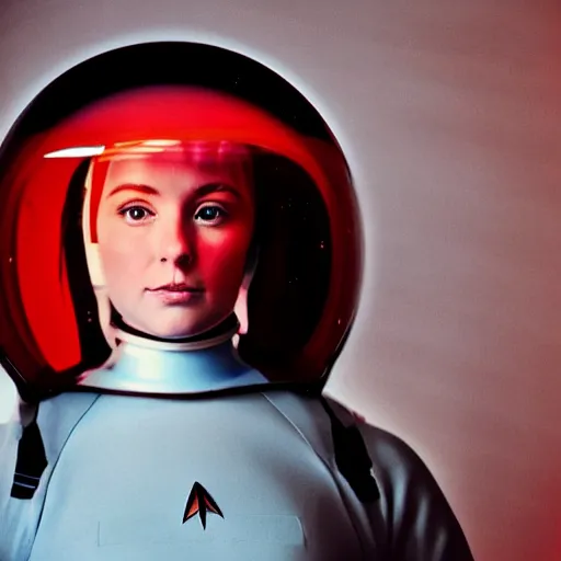 Prompt: analog portrait of a beautiful young woman wearing a space helmet, the vintage star trek Enterprise in the background , warm tones, red color bleed, film grain