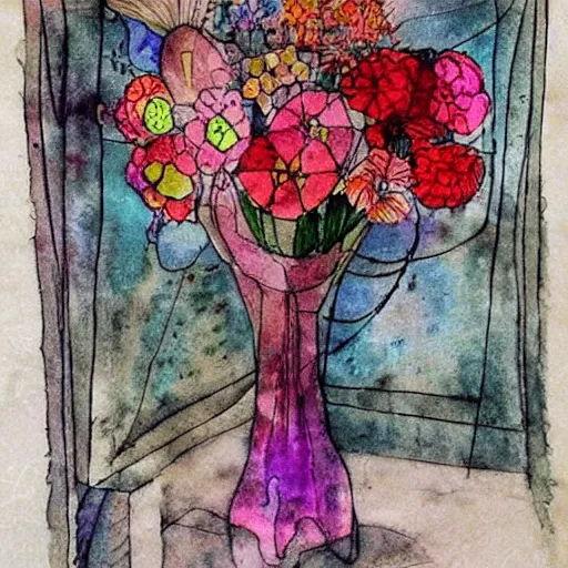 Image similar to a fancy vase with a colorful and beautiful flower arrangement by the close window. very stylize and delicate watercolor and pen drawing on old newspaper. klee and da vinci style. colors splashes. stains. view from far.