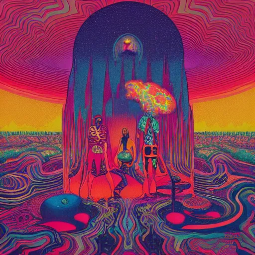 Image similar to a psychedelic record jacket of khruangbin band by james jean, paul lehr, krizpii, christian orrillo, risography print,