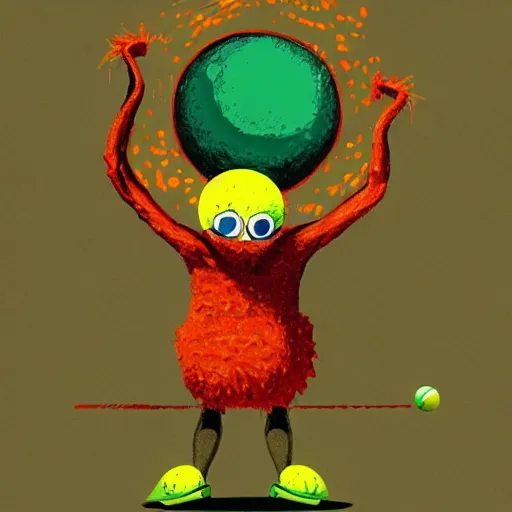 Image similar to a tennis ball monster ,tennis ball, volcano, chalk, digital art, fantasy, magic, trending on artstation, ultra detailed, professional illustration by Basil Gogos