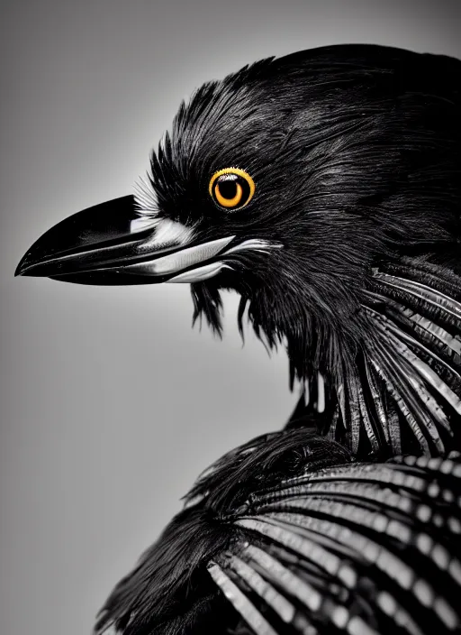 Prompt: a stunning young female crow - orchid - cyborg profile face, face is made intricate tribal bio - mechanical, editorial photography, bw, shot on 7 0 mm, depth of field, f / 2. 8, high contrast, 1 6 k, volumetric lighting, shiny, insanely detailed and intricate, hypermaximalist, elegant, ornate, hyper realistic, super detailed