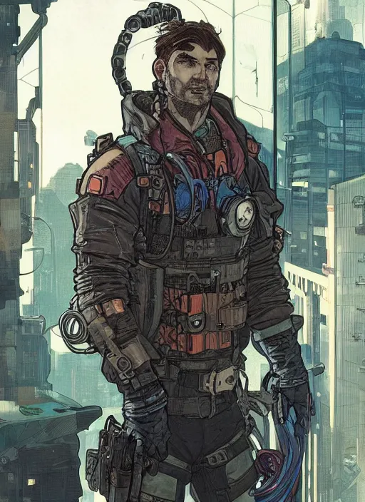 Prompt: cyberpunk climber. portrait by ashley wood and alphonse mucha and laurie greasley and josan gonzalez and james gurney. splinter cell, apex legends, rb 6 s, hl 2, d & d, cyberpunk 2 0 7 7. realistic face. character clothing. vivid color. dystopian setting.