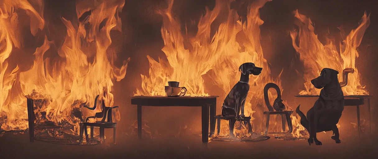 Image similar to a studio photograph (big flash on) of a huge fire on a dining room on fire in the background, in the foreground a relaxed anthropomorphic dog sitting on a wooden chair at a table (no fire at all there), sipping a cup of hot coffee, surrounded by flames, a lot of flames behind the dog, black smoke instead of the ceiling, no watermark