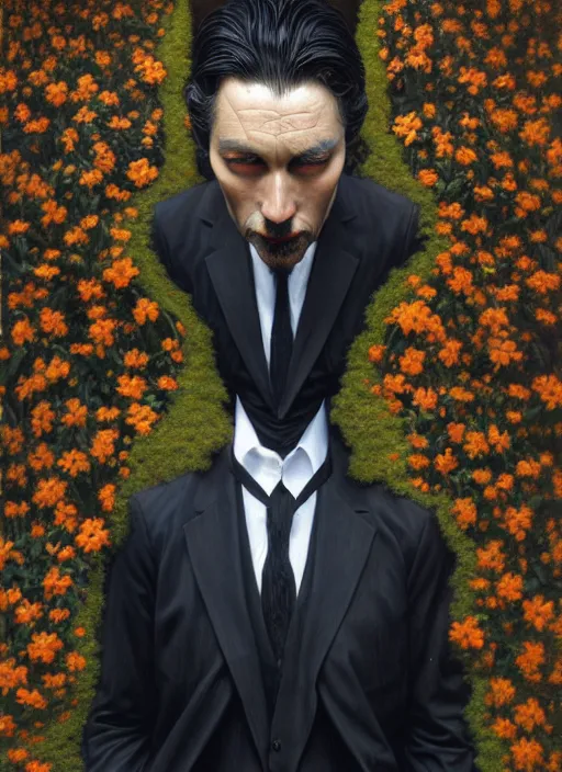 Image similar to an man in a black suit with a flowery shrub instead of a head, intricate, highly detailed, concept art, hyperrealistic, oil painting by greg staples, 8 k