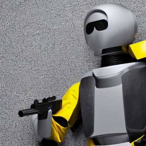 Prompt: a tall faceless security robot with dark grey and yellow armor holding a futuristic rifle