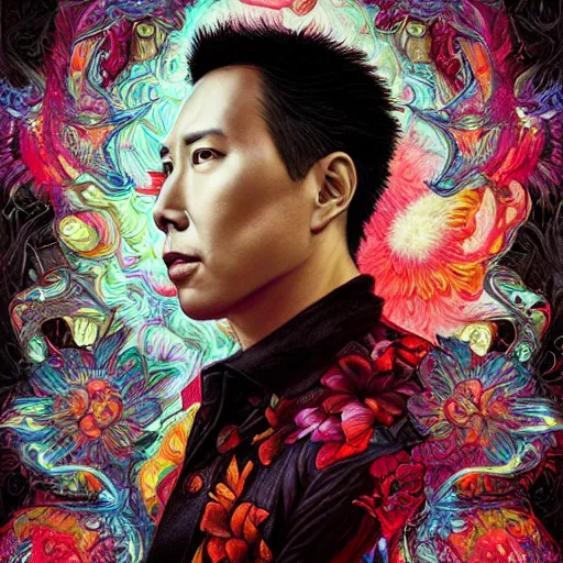 Image similar to portrait of donnie yen, hyper detailed masterpiece, neon floral pattern, jean giraud, digital art painting, darkwave goth aesthetic, psychedelic, artgerm, donato giancola and tom bagshaw