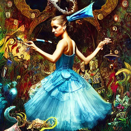 Image similar to alicia vikander in alice in wonderland tripping on lsd, intricate detail, painting, royo, frazetta, whealan,