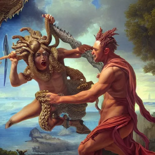 Image similar to detailed illustration of perseus vs medusa, hyper detailed, realistic, oil painting, artwork by asher brown durand, cinematic lighting