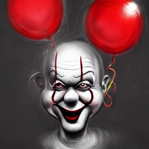 Image similar to surrealism grunge cartoon portrait sketch of clown with a wide smile and a red balloon by - michael karcz, loony toons style, pennywise style, horror theme, detailed, elegant, intricate