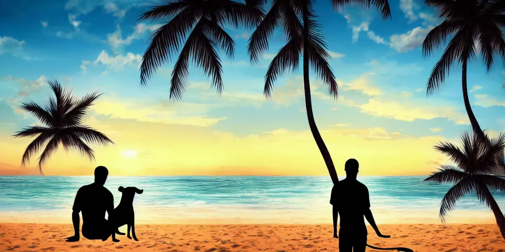 Prompt: a man with his dog in a beach with palm trees in a cloudy sunset, cinematic, hyper realistic, intricate details, anime style