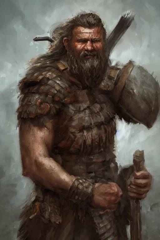 Image similar to a full body fantasy portrait oil painting illustration of a single rugged stoic barbarian man by Justin Sweet with face and body clearly visible, d&d, rpg, forgotten realms, artstation trending, high quality, sombre mood, artstation trending, muted colours, no crop, entire character,