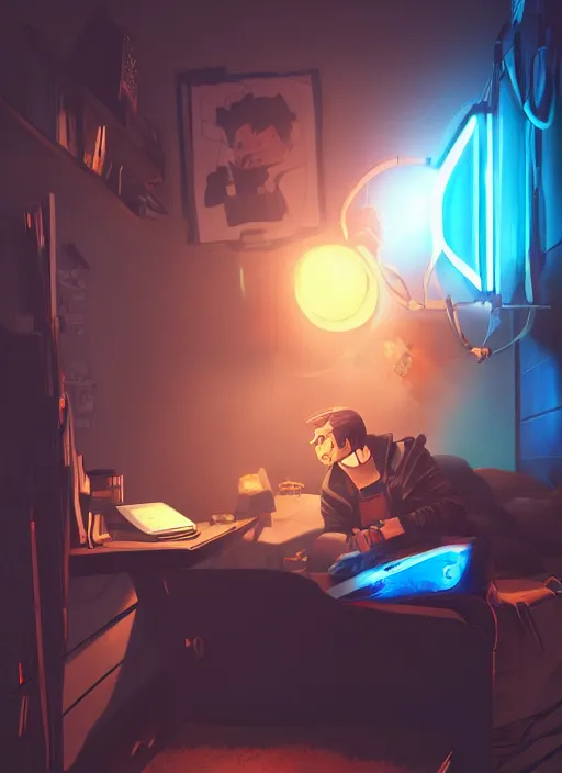 Image similar to video gamecore, gamecore, gamercore portrait of a man playin playstation 5 on his bedroom at night, cinematic perspective, trending in artstation, behance, deviantart