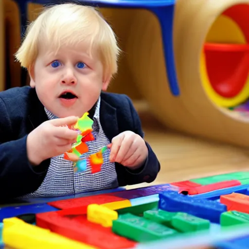 Image similar to Boris Johnson eating crayons while sitting on kindergarten puzzle floor, full body