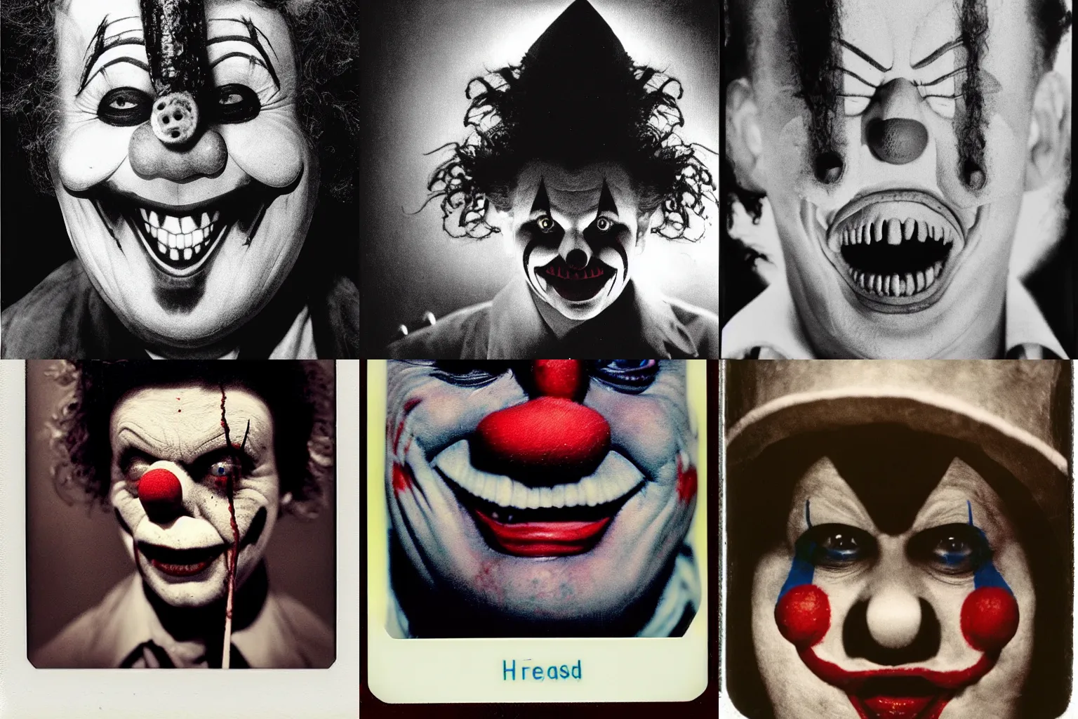 Prompt: A highly detailed head and shoulders masterpiece eerie polaroid of a clown in eraserhead smiling, horror, scary, terrifying, horrific, nighttime, dimly lit, creepy hd 4k