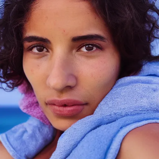 Prompt: color still shot of giorgia whigham relaxing on the beach, face closeup,