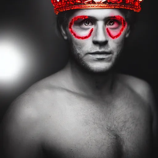 Prompt: man with a crown, smirk, photograph, black backgrounds, glowing red eyes