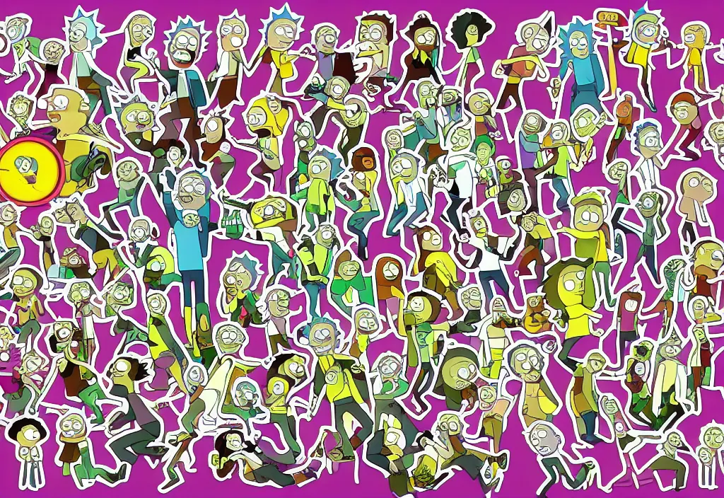 Prompt: A sticker pack of Rick and Morty, digital art, vector image, illustrator, 8k resolution