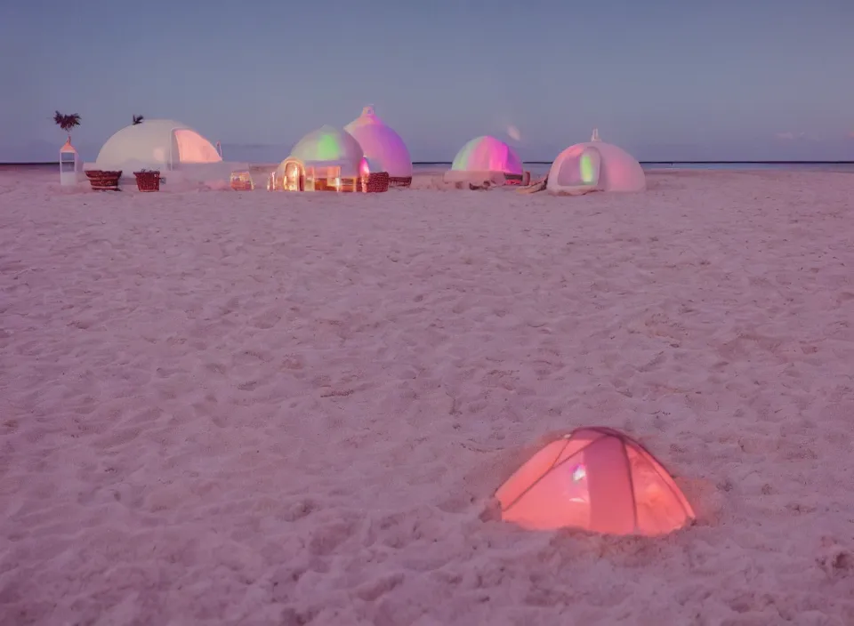 Image similar to a vintage family holiday photo of an empty beach from an alien dreamstate world with chalky pink iridescent!! sand, reflective lavender ocean water, dim bioluminescent plant life and an igloo shaped plastic transparent bell tent surrounded by holiday clutter opposite a pit with an iridescent blue flame flickering. refraction, volumetric, light.