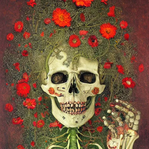 Prompt: 'Life from death' A beautiful detailed aesthetic horror portrait painting depicting 'A skeleton with vines and flowers growing all over it, birds and bees flying all around it' by Odilon Redon and giuseppe arcimboldo, Trending on cgsociety artstation, 8k, masterpiece, cinematic lighting.