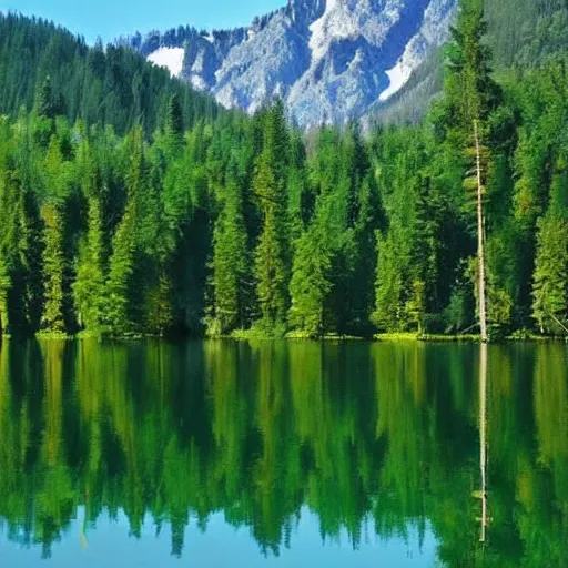 Prompt: beautiful lake in the forest. the mountains on background. summer, shiny weather. hermann nitsch and hermann nitsch