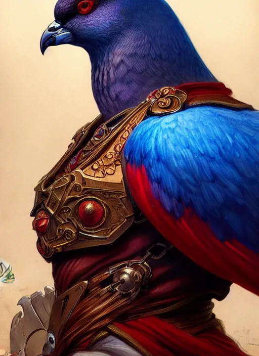 Image similar to portrait of aggressive pigeon humanoid, d & d, muscular! blue and red, fantasy, intricate, elegant, highly detailed, digital painting, artstation, concept art, smooth, sharp focus, illustration, art by artgerm and greg rutkowski and alphonse mucha