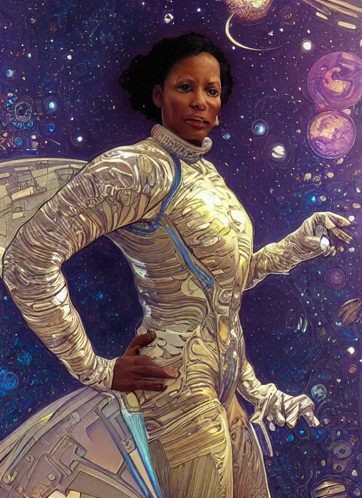 Image similar to portrait of Krys Marshall wearing a space suit, intricate, elegant, highly detailed, centered, digital painting, artstation, concept art, smooth, sharp focus, illustration, art by android jones and donato giancola and alphonse mucha