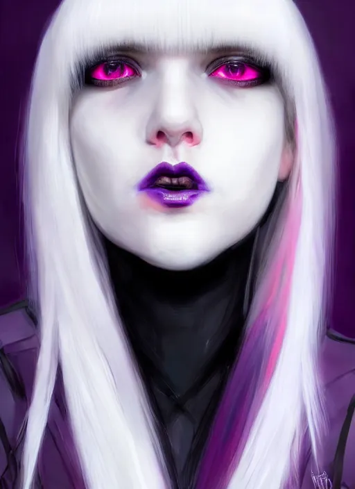 Prompt: whitebangs, black hair, black cyberlox, portrait of white teenage girl, normal face, white bangs, fluffy bangs, cyberlox, whitebangs, red contact lenses, purple lipstick, intricate, elegant, highly detailed, digital painting, artstation, concept art, sharp focus, smooth, illustration, art by wlop, mars ravelo and greg rutkowski