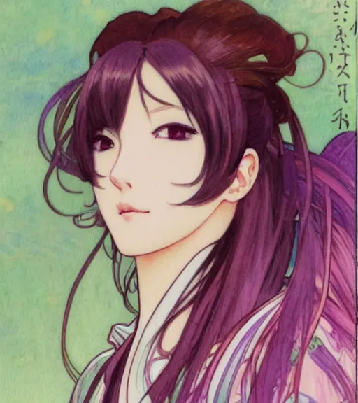 Prompt: A watercolor frontal portrait of a beautiful anime skinny Venti from Genshin Impact looking at the viewer, elegant, delicate, soft lines, higly detailed, smooth , pixiv art, ArtStation, pink hue, artgem, art by alphonse mucha charles reid mary cassatt and shirow masamune, high quality