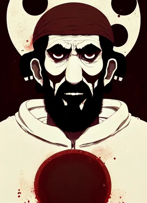 Image similar to highly detailed closeup portrait of abe from abe's odyssey, mudoken, by atey ghailan, by greg rutkowski, by greg tocchini, by james gilleard, by joe fenton, by kaethe butcher, gradient red, black, brown and white color scheme, grunge aesthetic!!! white graffiti tag wall background