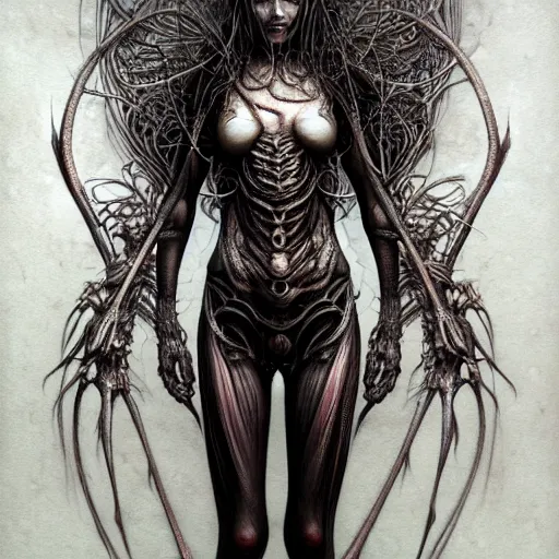 Prompt: full body portrait, a highly detailed long shot photo of chthonic female, witch, character by ayami kojima, beksinski, giger, intricate, digital painting, artstation, intricate, concept art, smooth, sharp focus, illustration, perfect faces, fine details, unreal engine