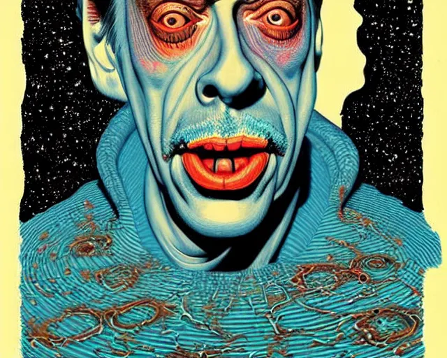 Image similar to steve buscemi swimming in a galaxy, cosmic horror painting, elegant intricate digital painting artstation concept art by basil wolverton by robert crumb by william eggleston detailed