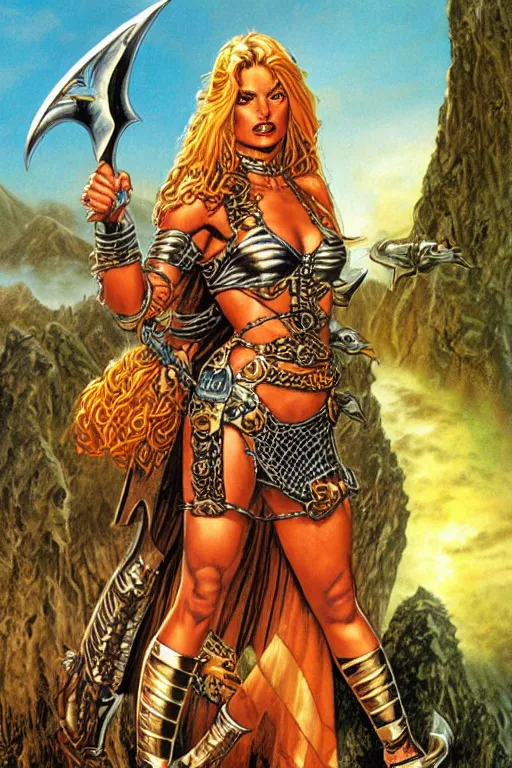 Prompt: A beautiful female warrior by larry Elmore, Jeff easley and Boris Valejo and Julie Bell