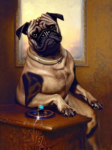 Prompt: a portrait of a man depicted as a brindle pug dogman canine, rupaul ’ s drag race, sitting in front of a sewing machine, explosions. highly detailed painting by gaston bussiere, craig mullins, j. c. leyendecker, furry