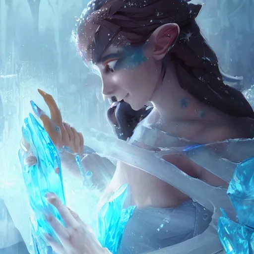 Image similar to a fantasy elf woman trapped and frozen trying to get out of a block of clear ice, with frozen flowers around her, artstation, greg rutkowski