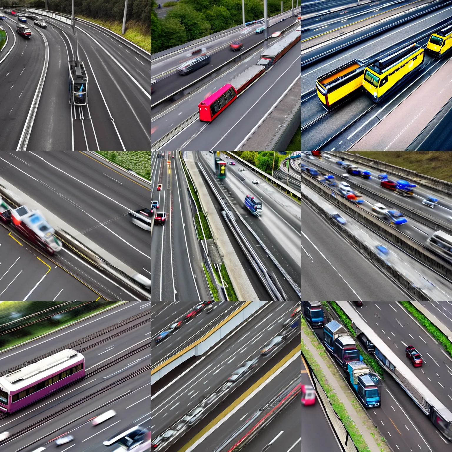 Prompt: a tram blocking traffic on a busy motorway, tilt - shift photography, tiltshift