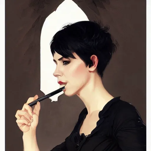 Prompt: Woman with black short hair, wearing black dress smoking, intricate, elegant highly detailed, digital painting, artstation, concept art, smooth, sharp focus, illustration, art by artgerm and greg rutkowski and alphonse mucha