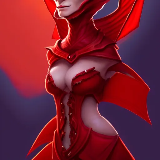 Image similar to female portrait anthropomorphic dragon wearing red clothes, Physically important : she has small head, Mega important : Hearthstone official splash art, perfect master piece, award winning, full body in the graphic style of Patrick Gleason, detailed art, trending on Artstation, sharp focus, comic art