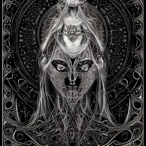 Prompt: a beautiful depiction of the goddess Lilith, mystical third eye, dressed in flowing black clothing, black fractal filigree, by James Jean, occult, stunning