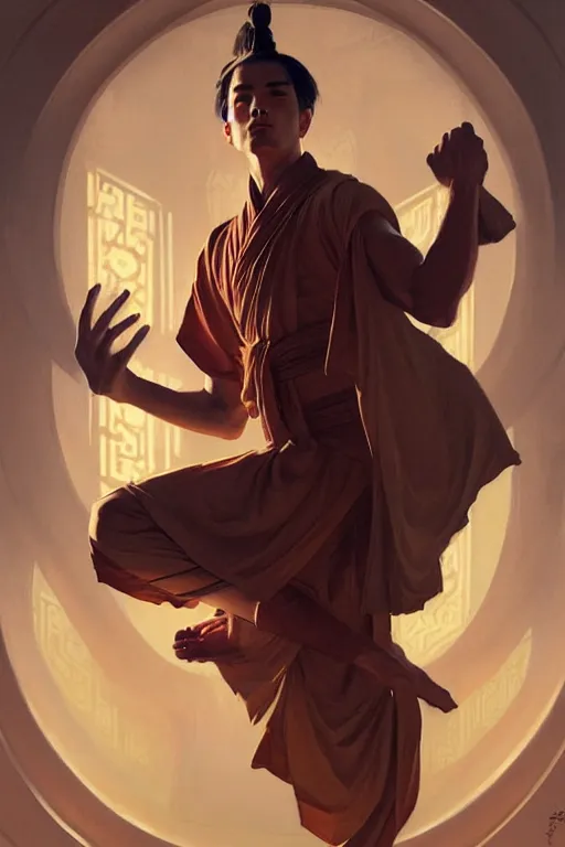 Image similar to male, temple, taoism, lotus, painting by greg rutkowski, j. c. leyendecker, artgerm